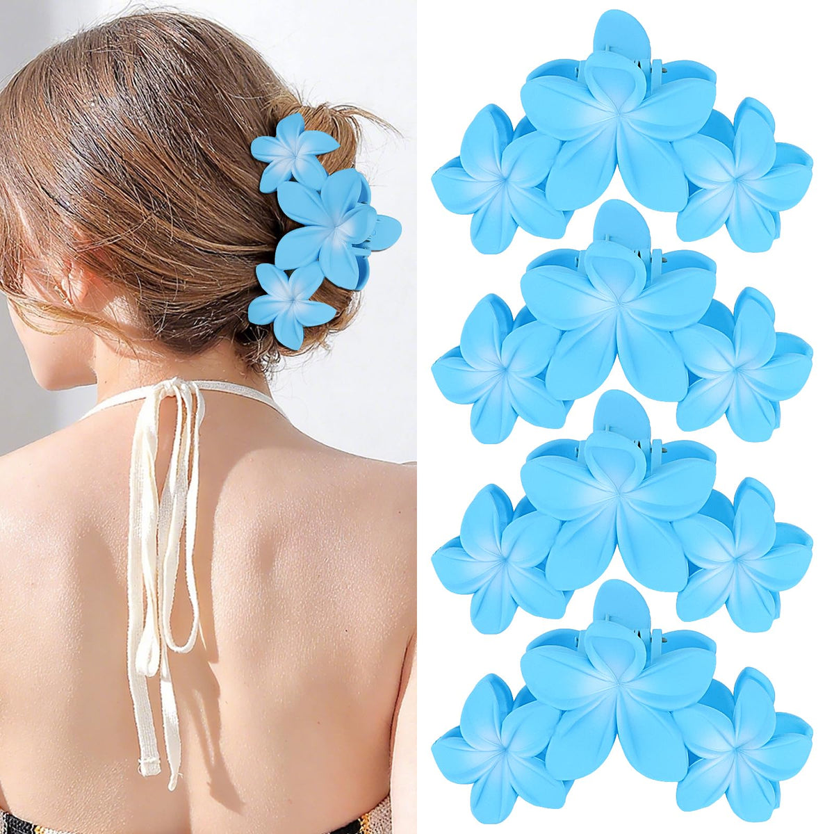 ANBALA 4PCS Flower Hair Clips in blue with plumeria design