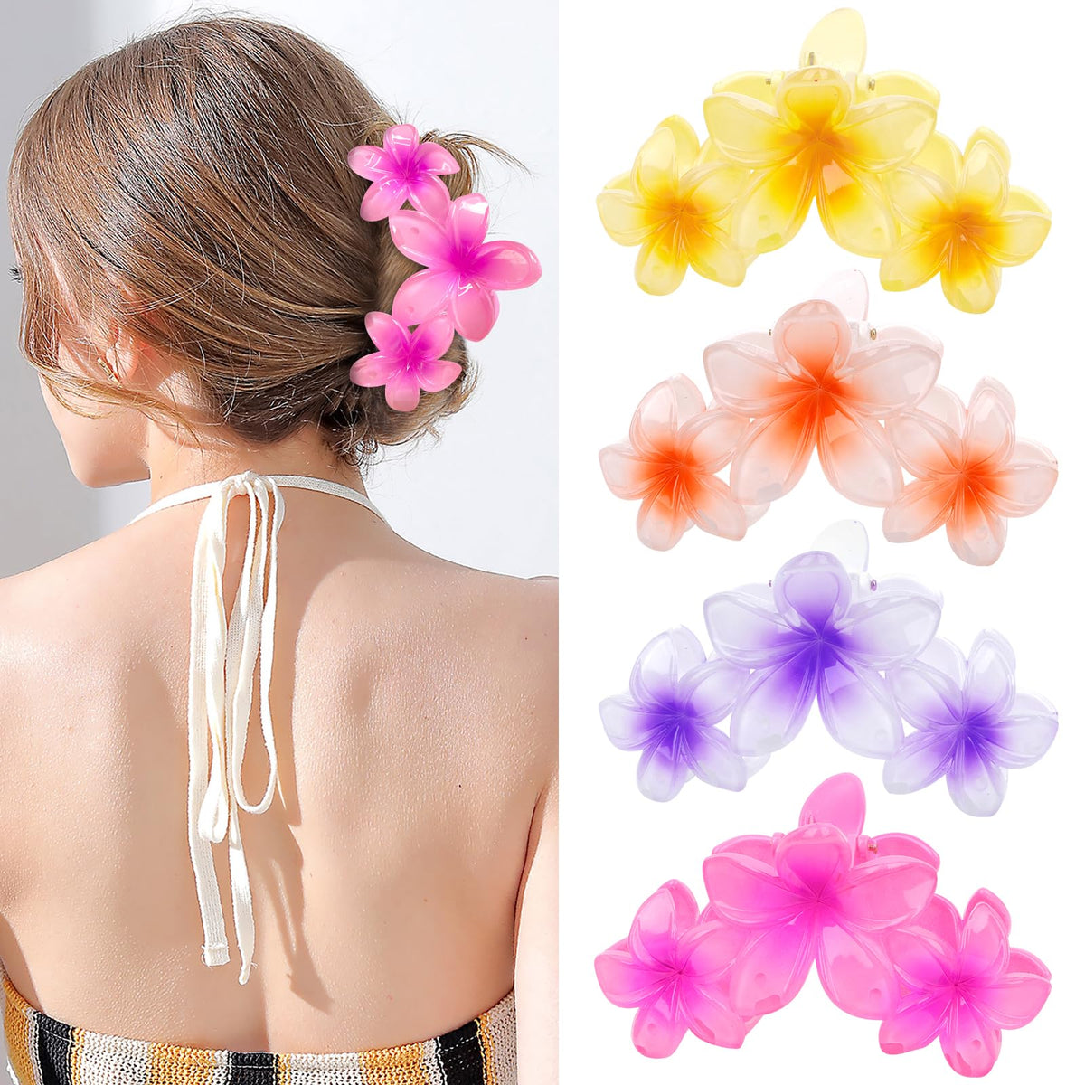 ANBALA Hawaiian Flower Hair Clips in pink, orange, yellow, and purple