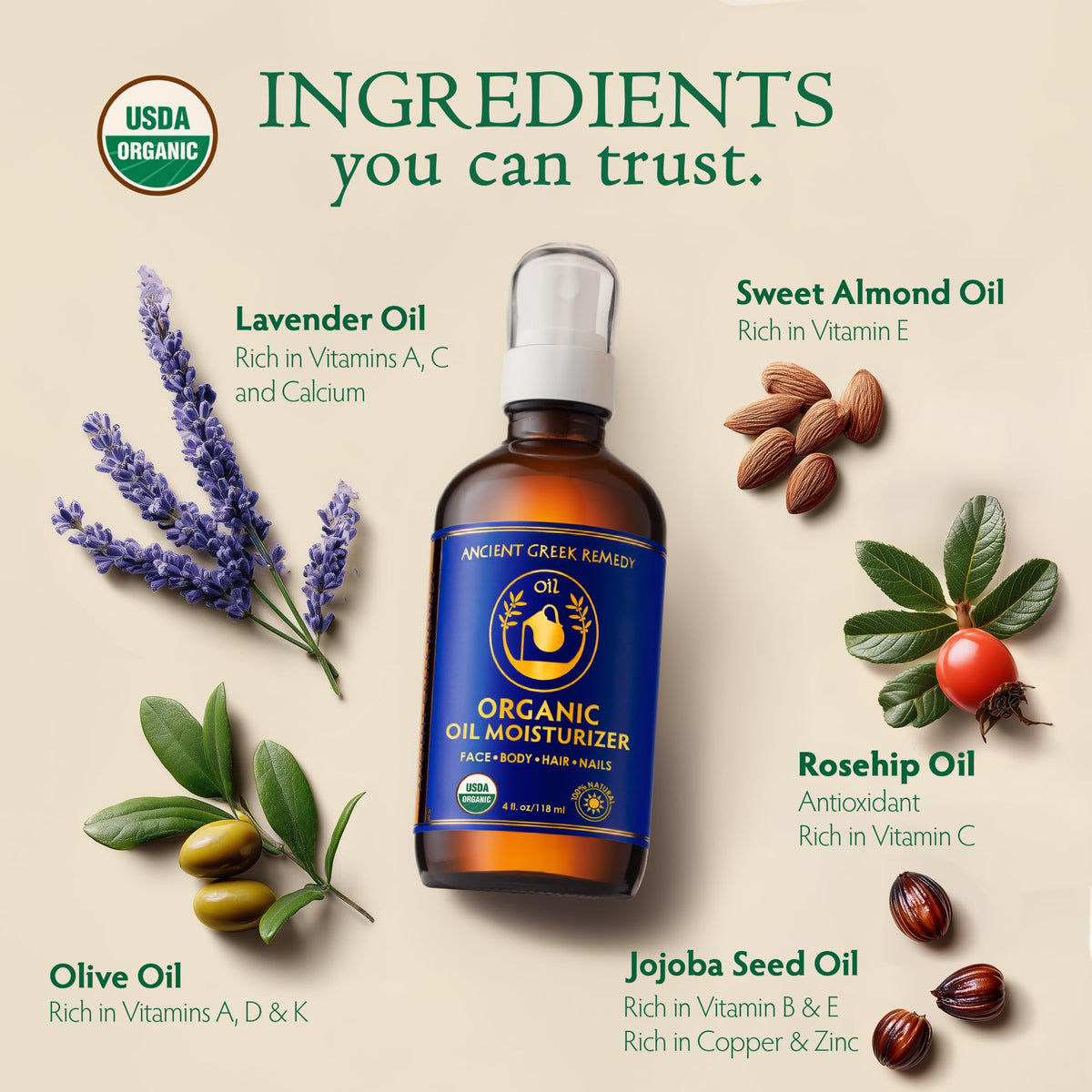 Ancient Greek Remedy Organic Body & Face Oil with lavender flowers