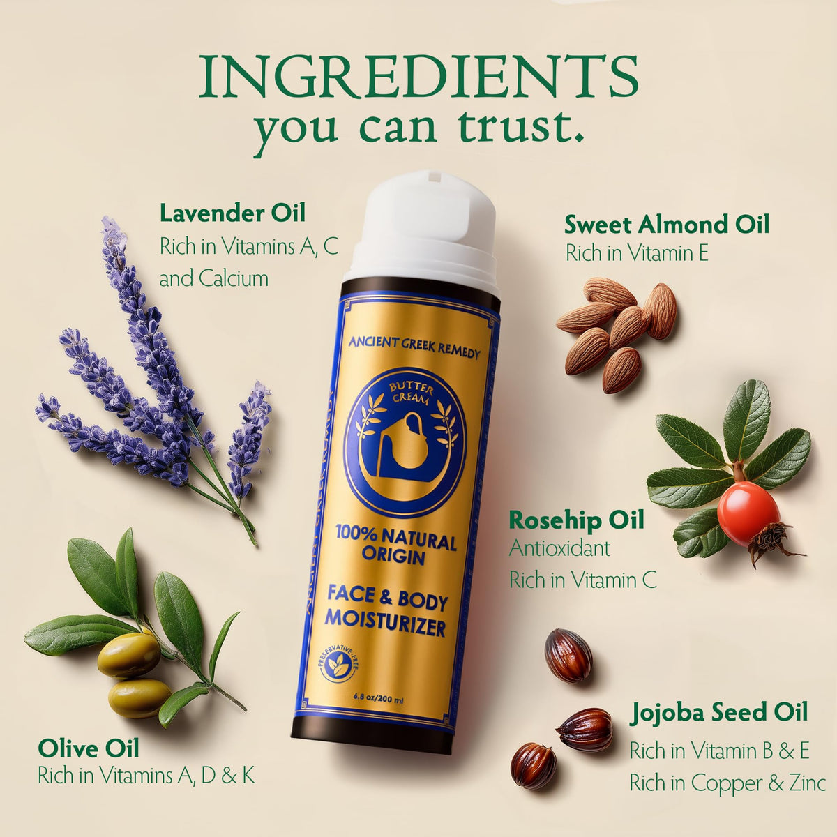 Ancient Greek Remedy Organic Face Moisturizer on a bathroom counter