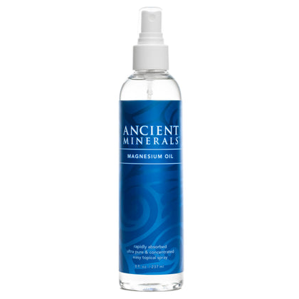 Ancient Minerals Magnesium Oil Spray front view, 8oz bottle