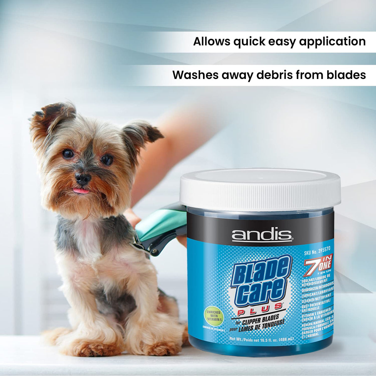 Andis Blade Care Plus Jar in a grooming setup