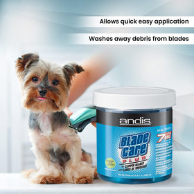 Andis Blade Care Plus Jar in a grooming setup