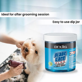 Andis Blade Care Plus Jar showing usage instructions