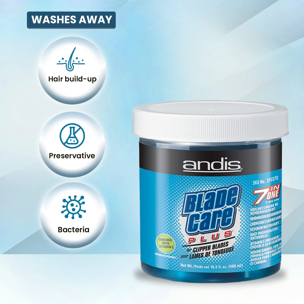 Andis Blade Care Plus Jar side view showing packaging