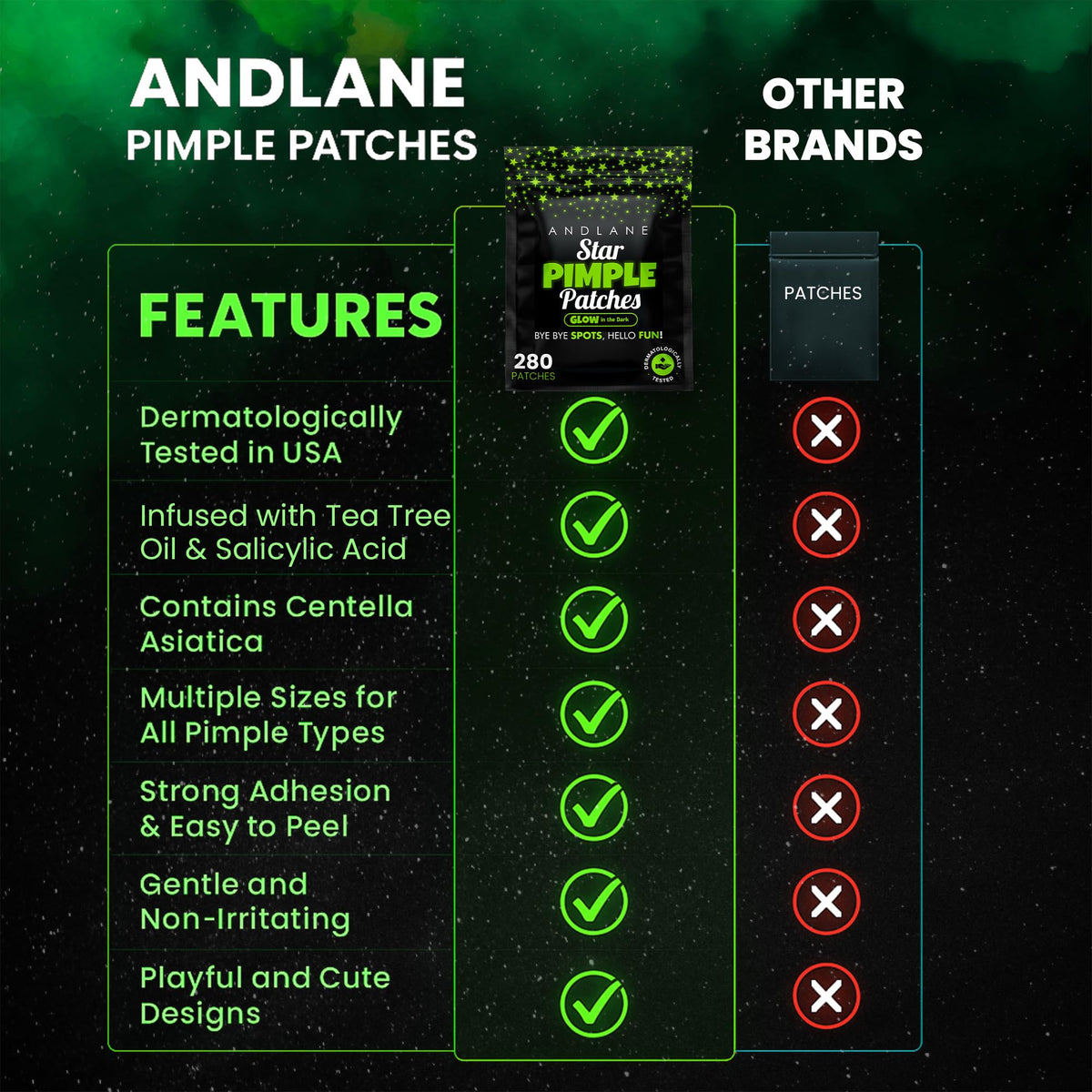 Andlane Glow In The Dark Star Pimple Patches displayed on a bathroom counter