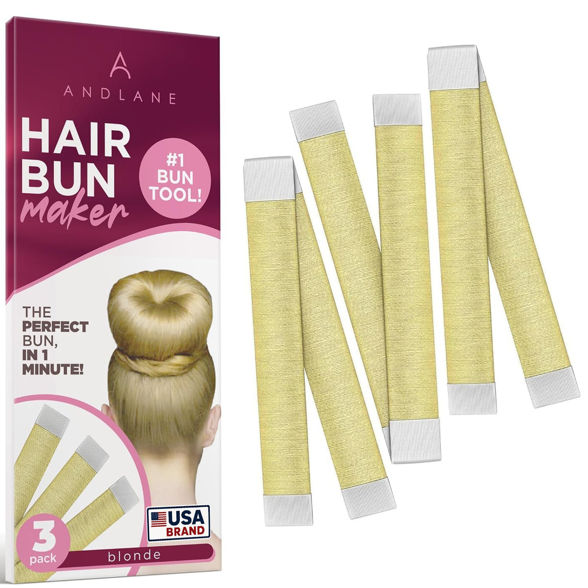 Andlane Snap Hair Bun Maker front view with three blonde clips