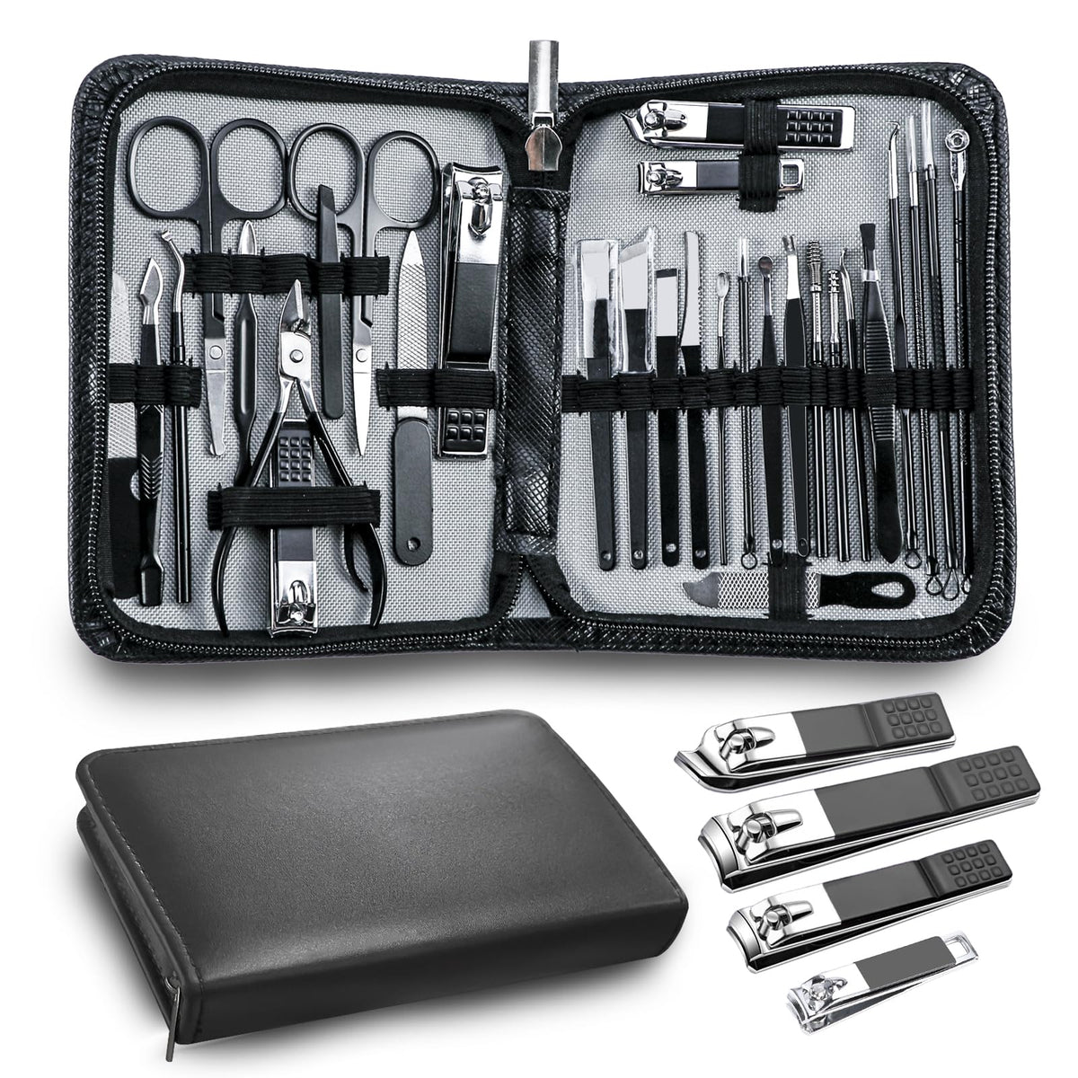 Andrea 30pcs Manicure Pedicure Kit black leather case front view