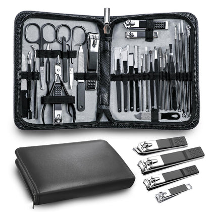 Andrea 30pcs Manicure Pedicure Kit black leather case front view