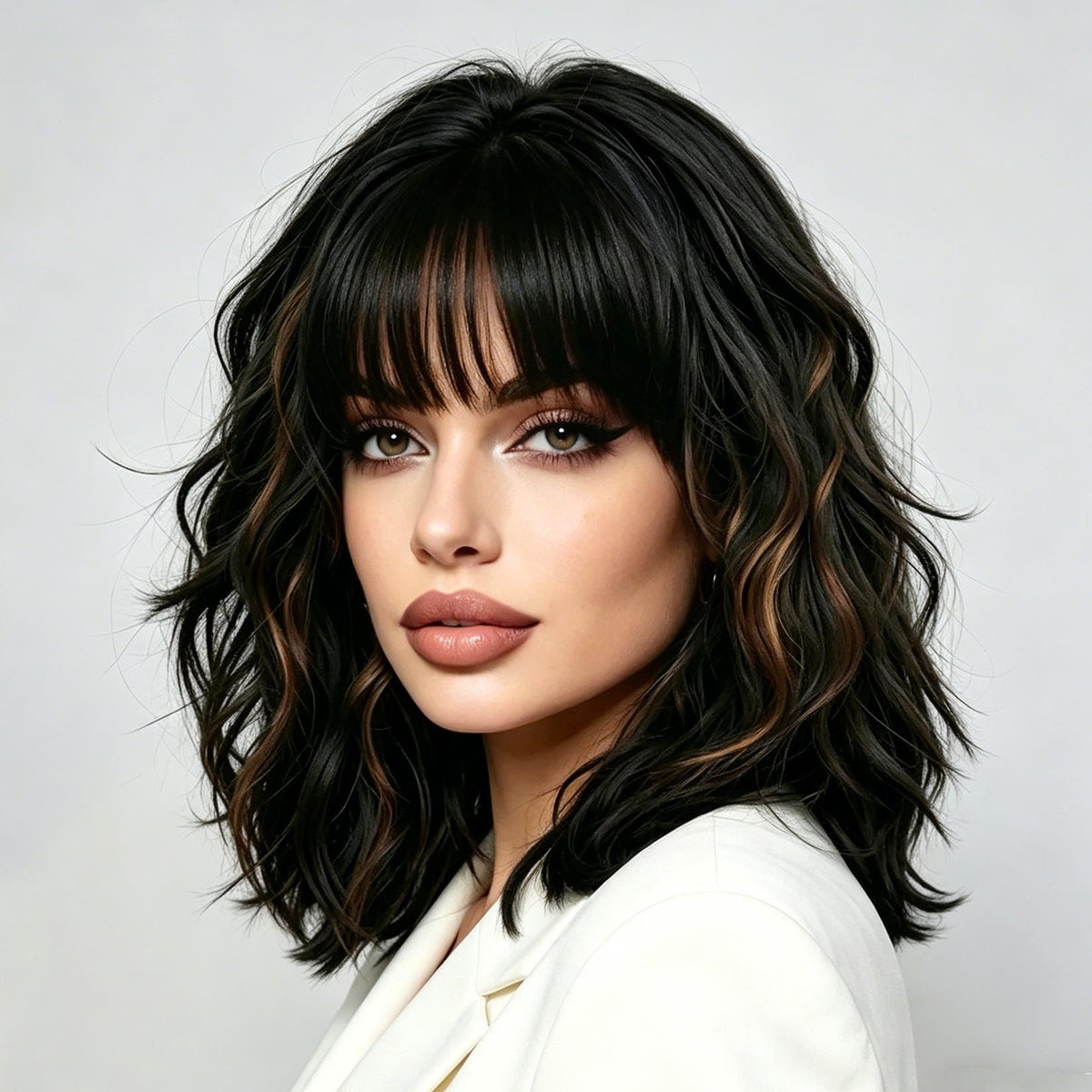 andromeda Black Mixed Brown Short Bob Wavy Wig front view