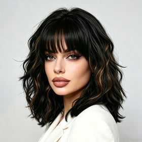 andromeda Black Mixed Brown Short Bob Wavy Wig front view