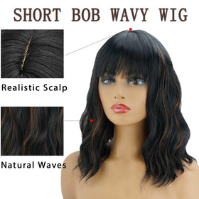 andromeda Black Mixed Brown Short Bob Wavy Wig with bangs styled