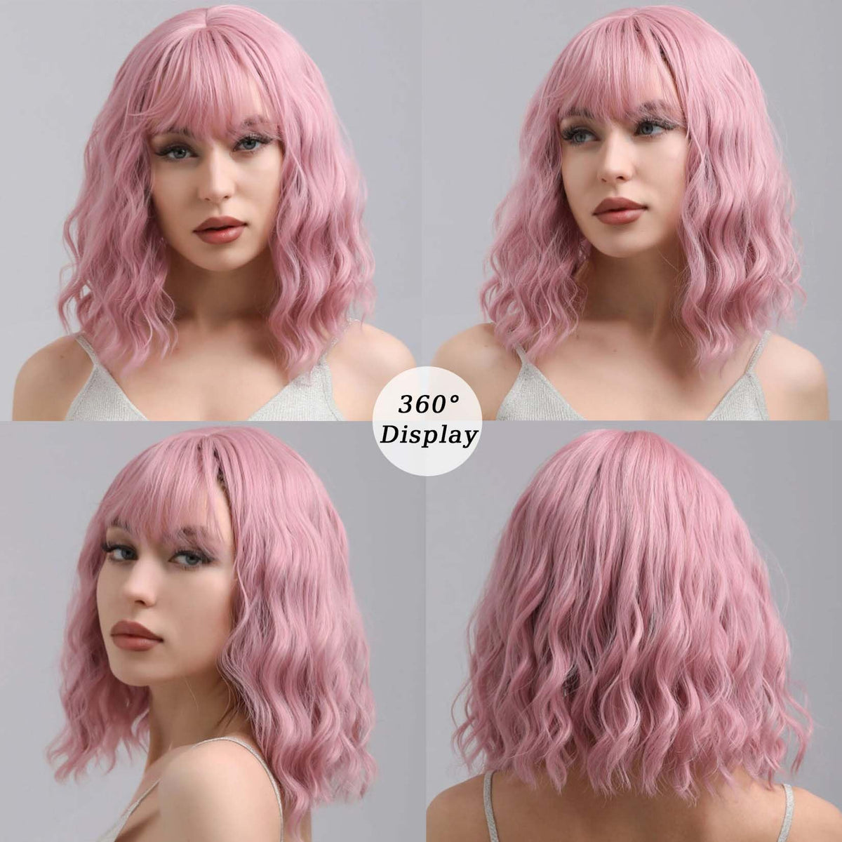 andromeda Pink Short Bob Wavy Wig close-up of bangs