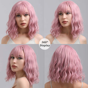 andromeda Pink Short Bob Wavy Wig close-up of bangs