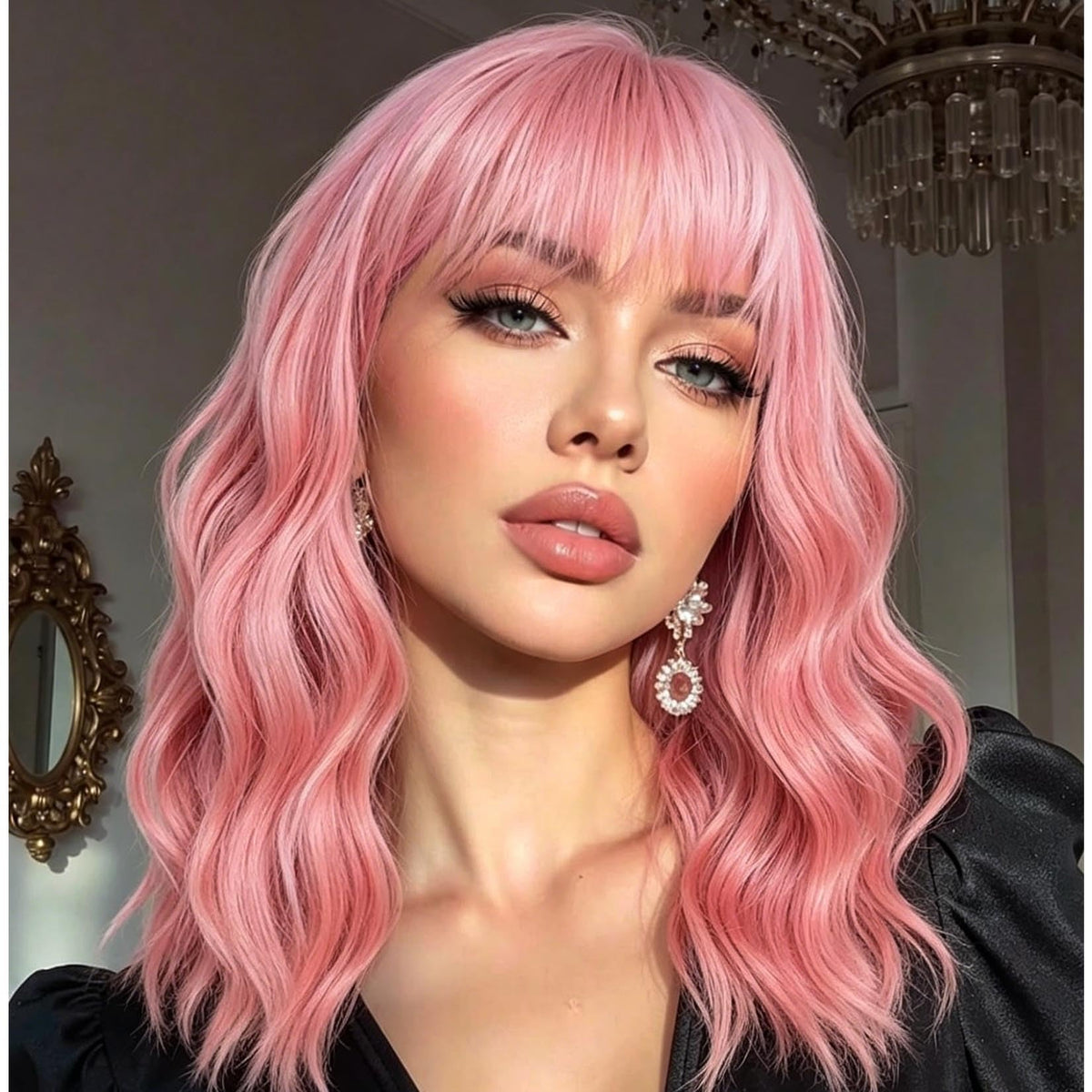 andromeda Pink Short Bob Wavy Wig front view with bangs