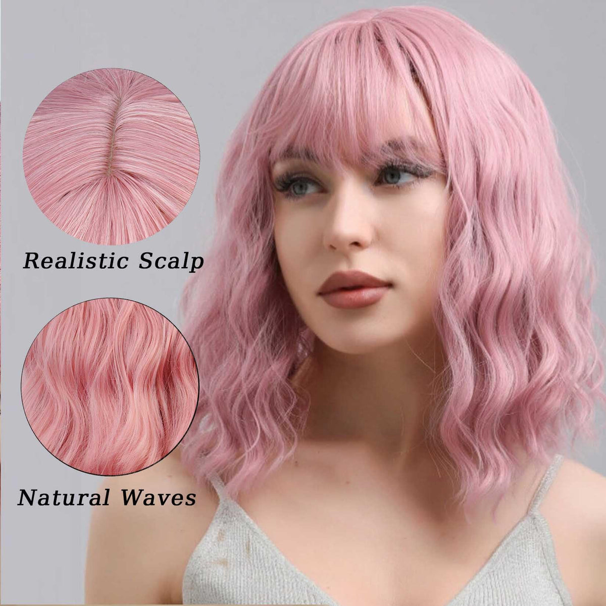 andromeda Pink Short Bob Wavy Wig side view showing wavy texture