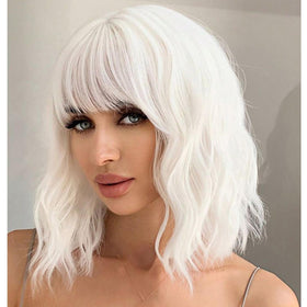 andromeda White Short Bob Wavy Wig front view with bangs