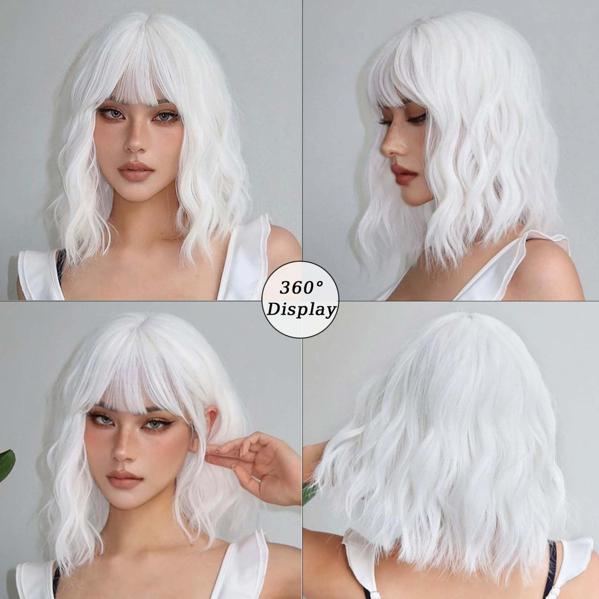 andromeda White Short Bob Wavy Wig on mannequin
