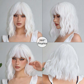 andromeda White Short Bob Wavy Wig on mannequin