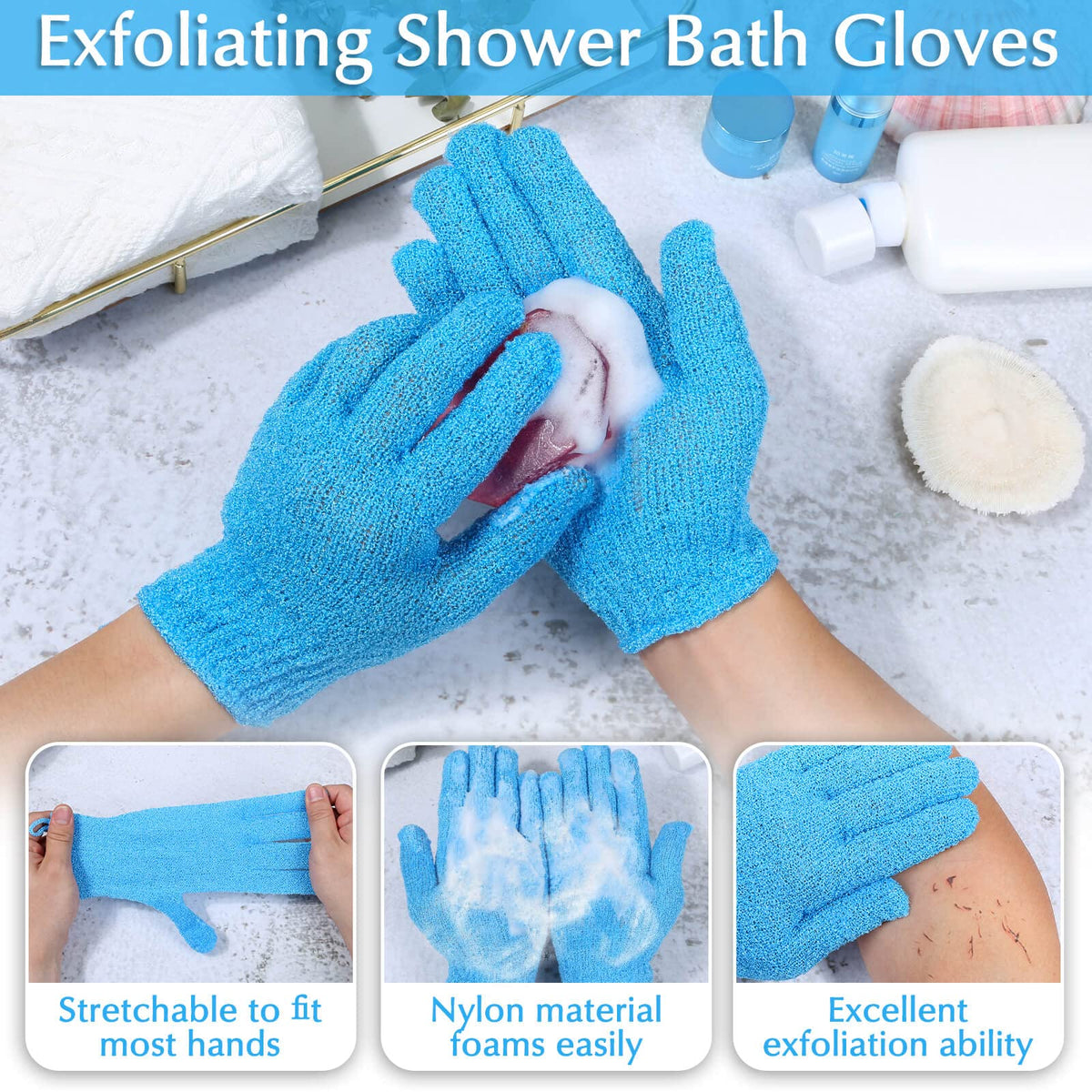 Anezus back scrubber and gloves set displayed on a bathroom counter