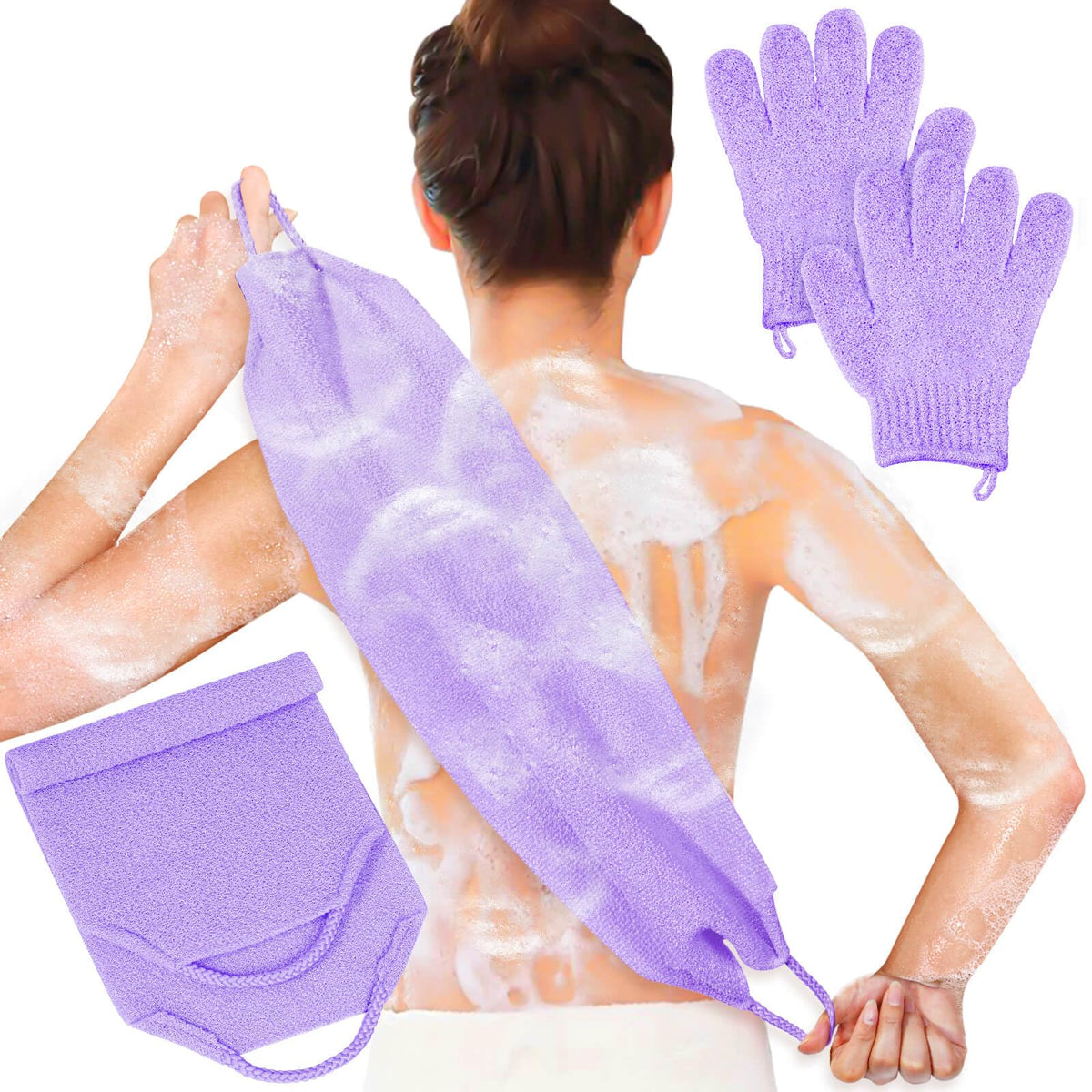 Anezus Exfoliating Back Scrubber Bath Gloves Set in purple