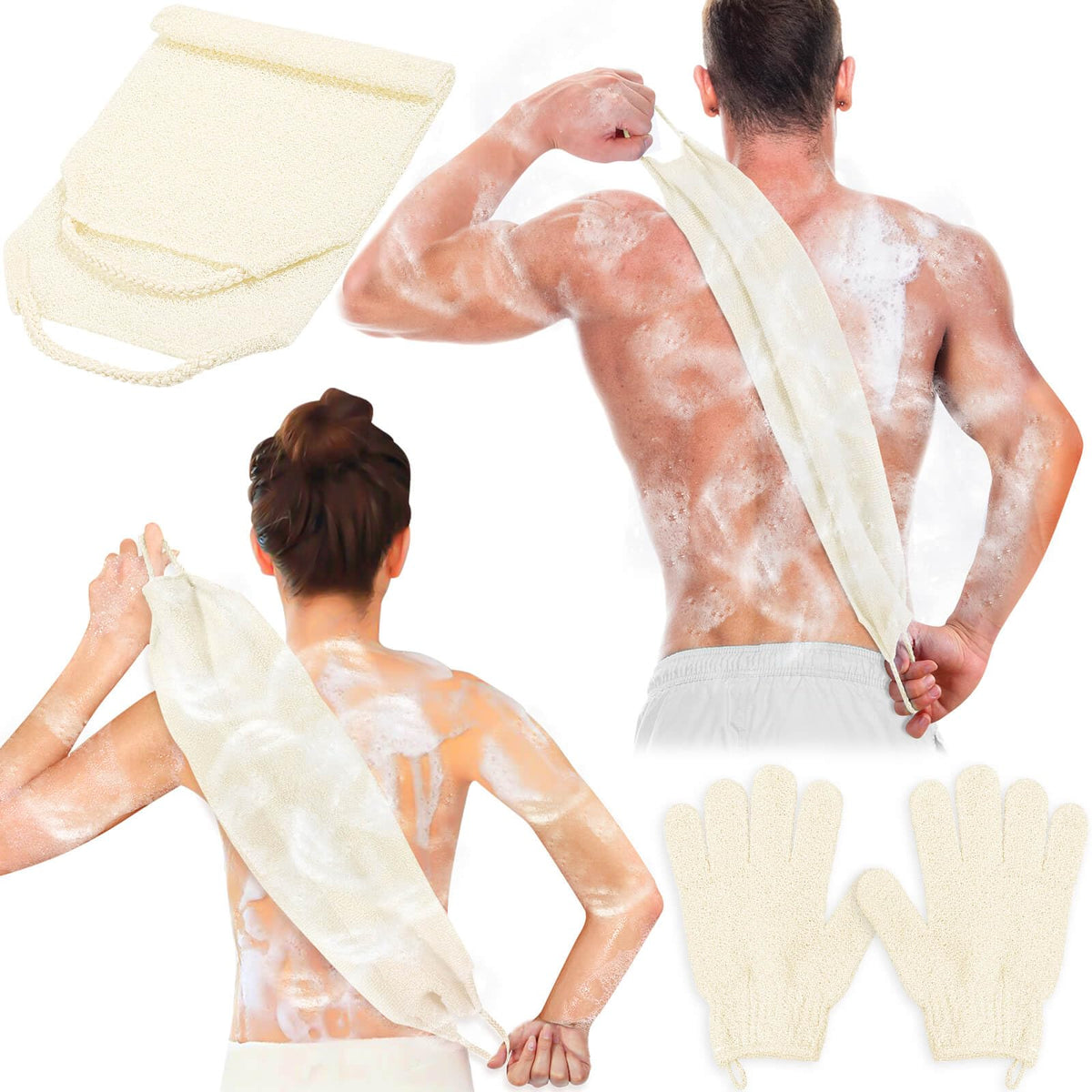 Anezus Exfoliating Back Scrubber Gloves Set in beige colour