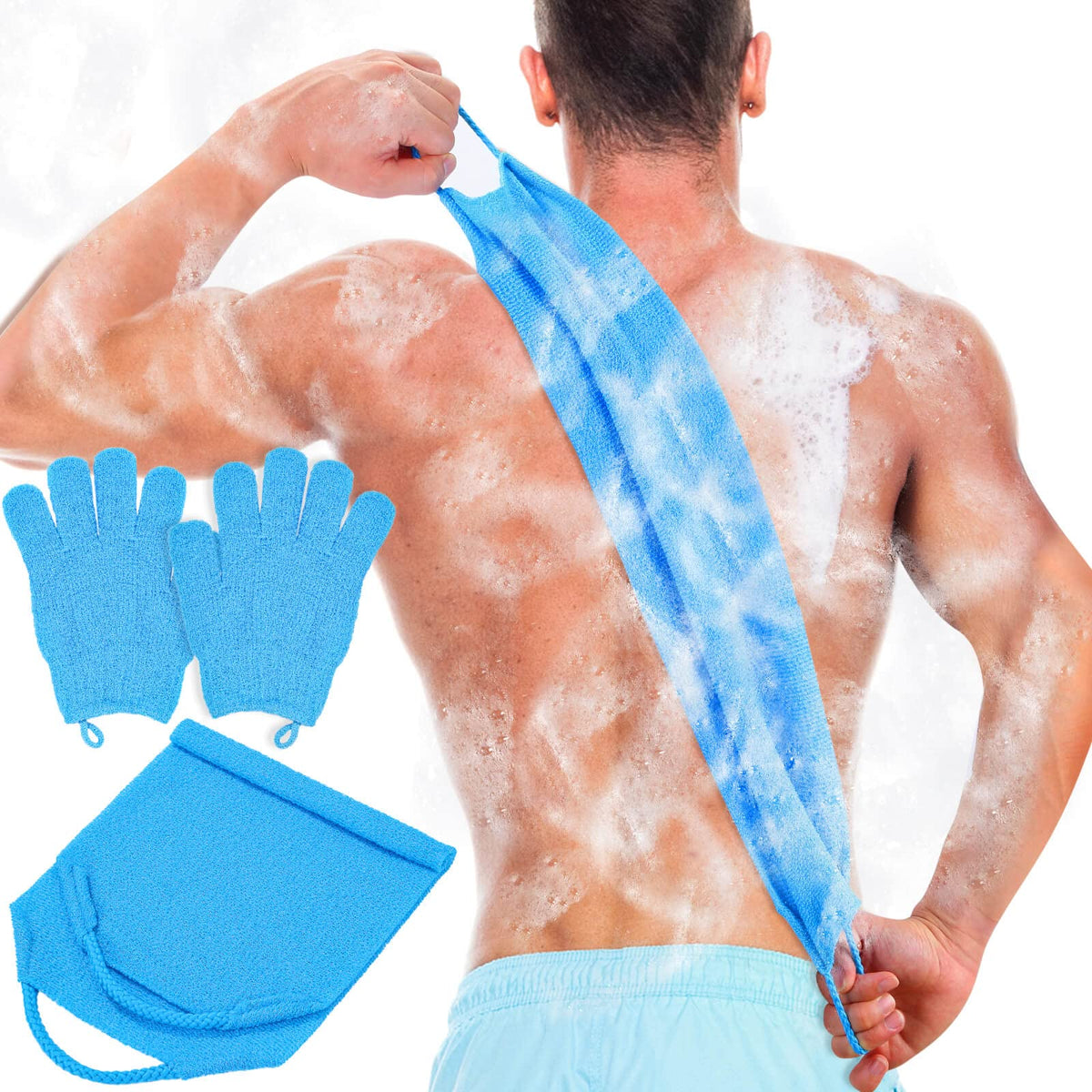 Anezus Exfoliating Back Scrubber Gloves Set in blue front view