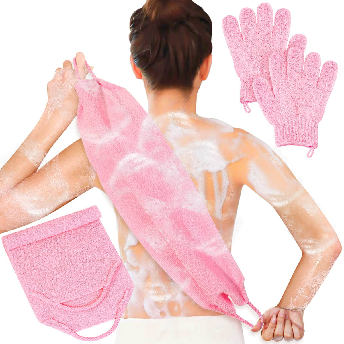Anezus Exfoliating Shower Bath Gloves Set in pink color