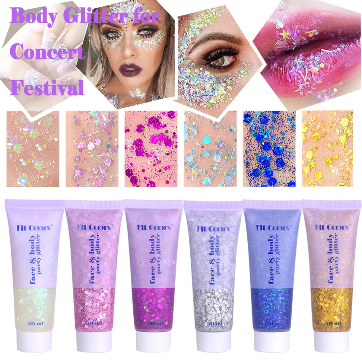 Angels Beauty Body Glitter Gel in white, silver, and pink colors