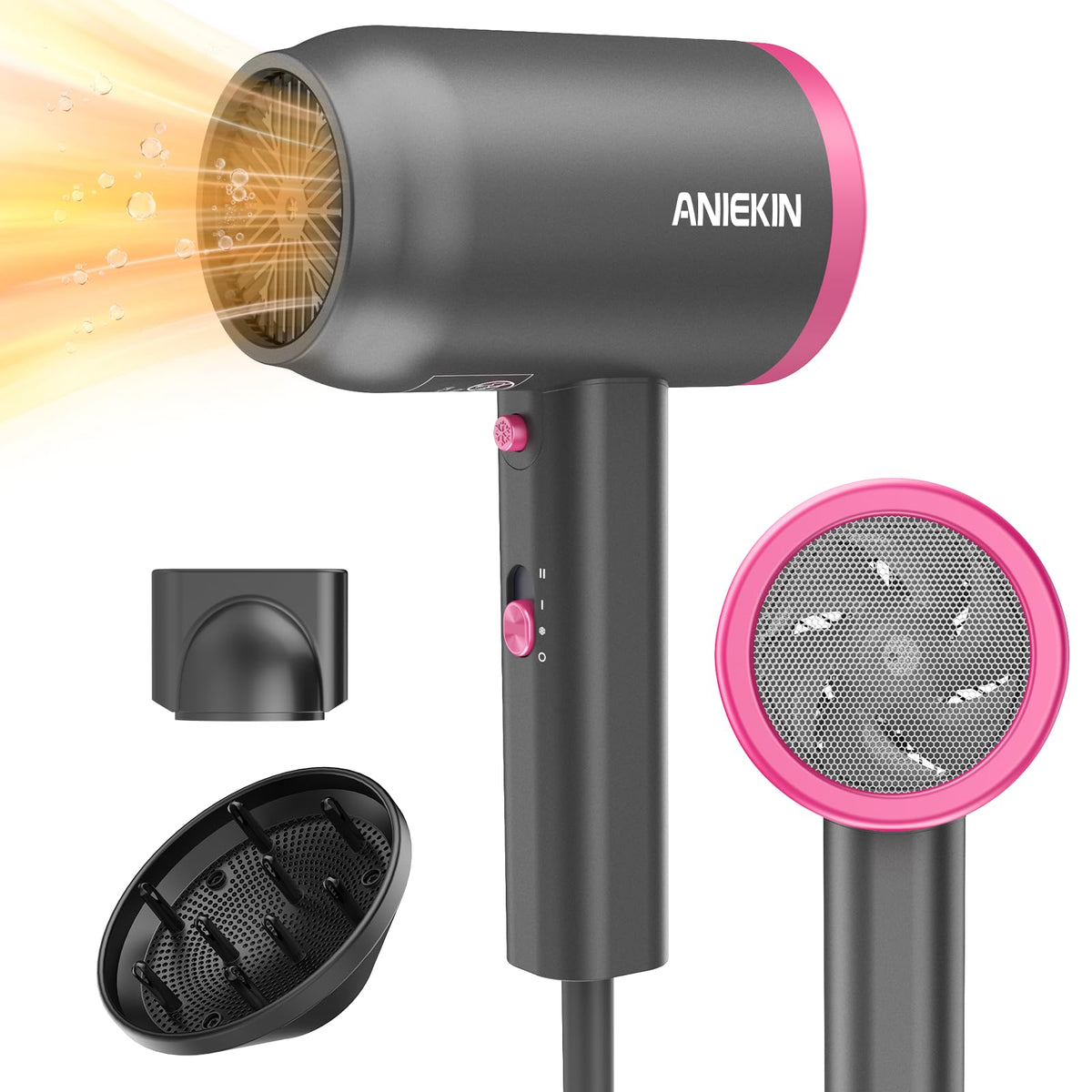 ANIEKIN Hair Dryer front view with diffuser and concentrator attachments