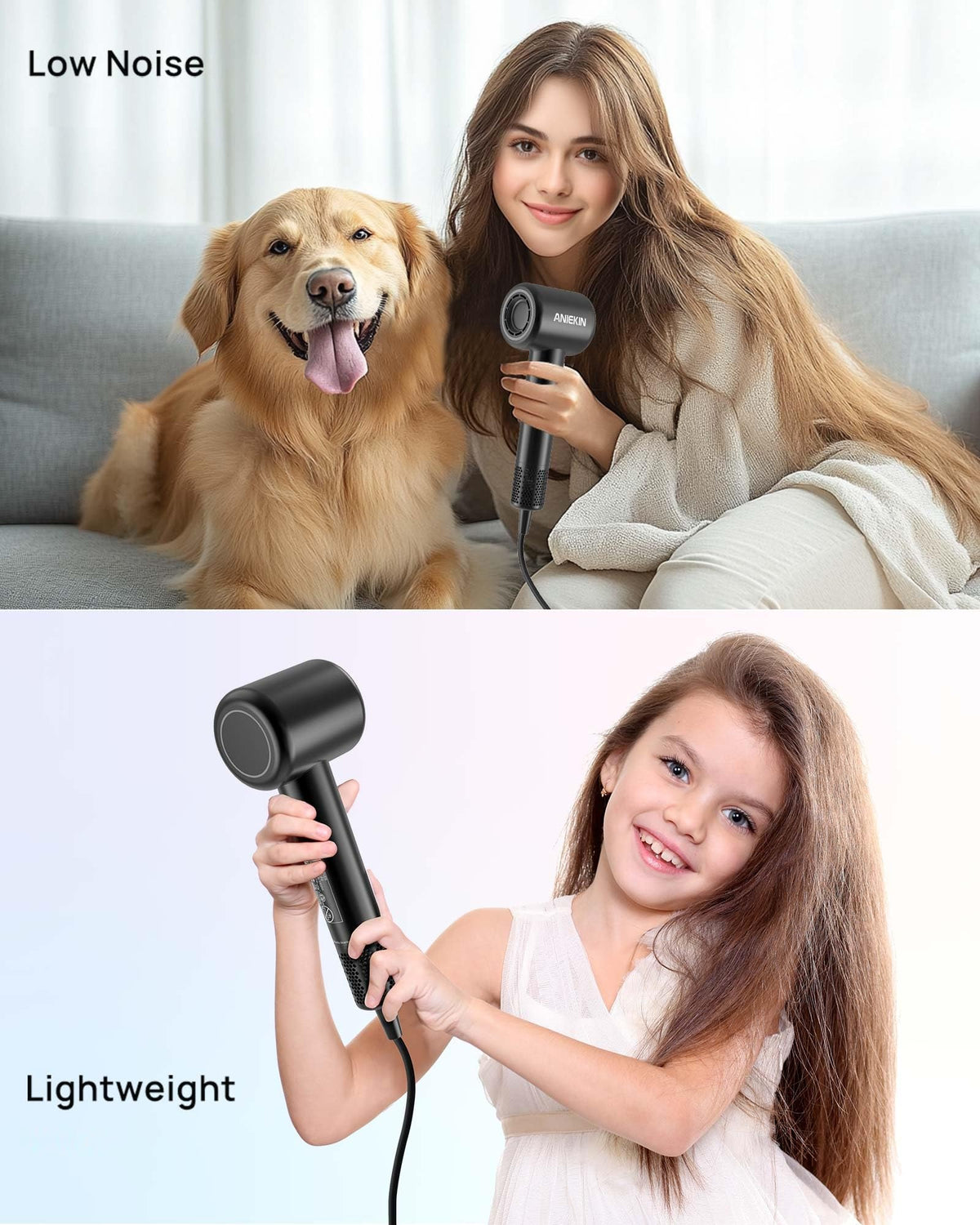 ANIEKIN Hair Dryer in use with flowing hair