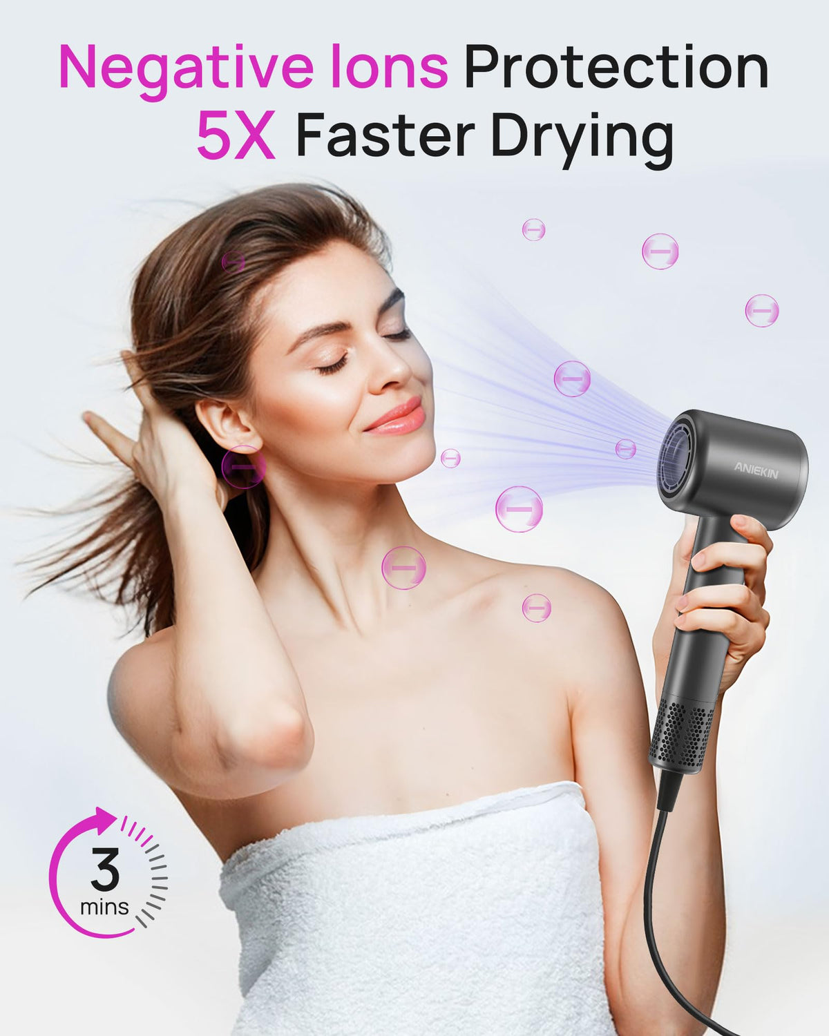 ANIEKIN hair dryer with diffuser attachment, side view