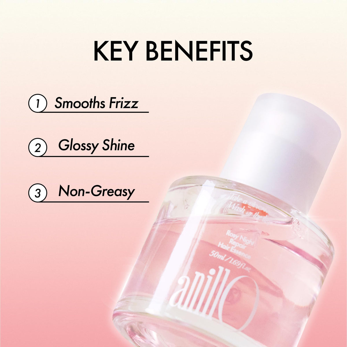 ANILLO Rosy Night Repair Hair Essence bottle with floral background