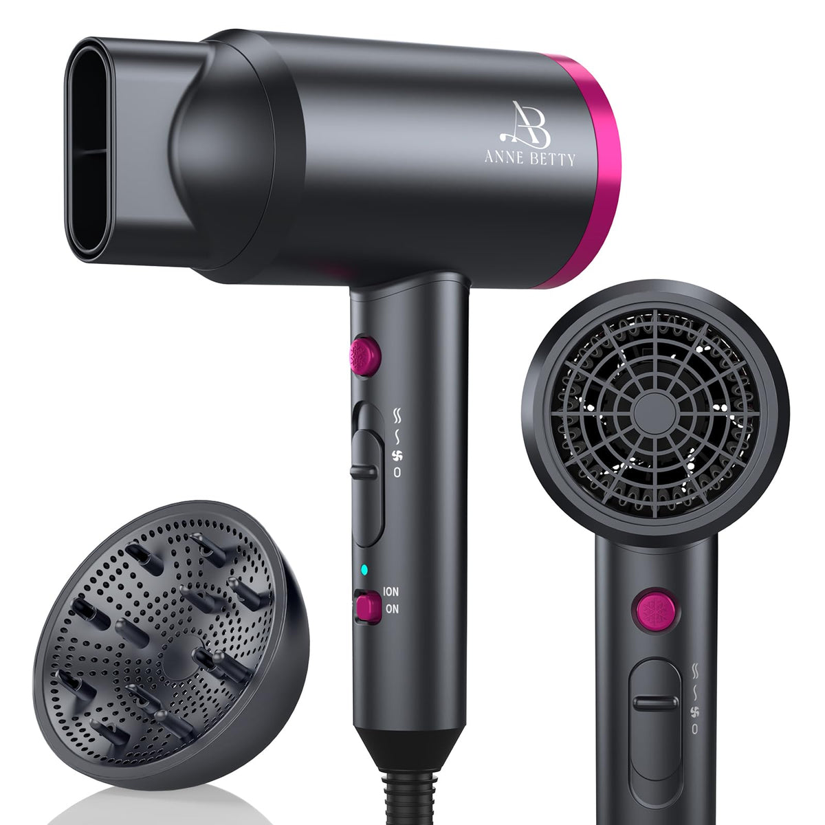 ANNE BETTY Ionic Hair Dryer front view with diffuser