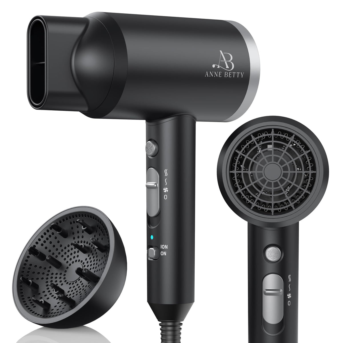 ANNE BETTY Ionic Hair Dryer front view with diffuser attached