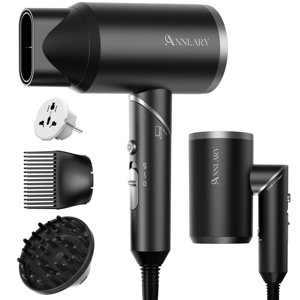 ANNLARY Hair Dryer front view with comb attachment