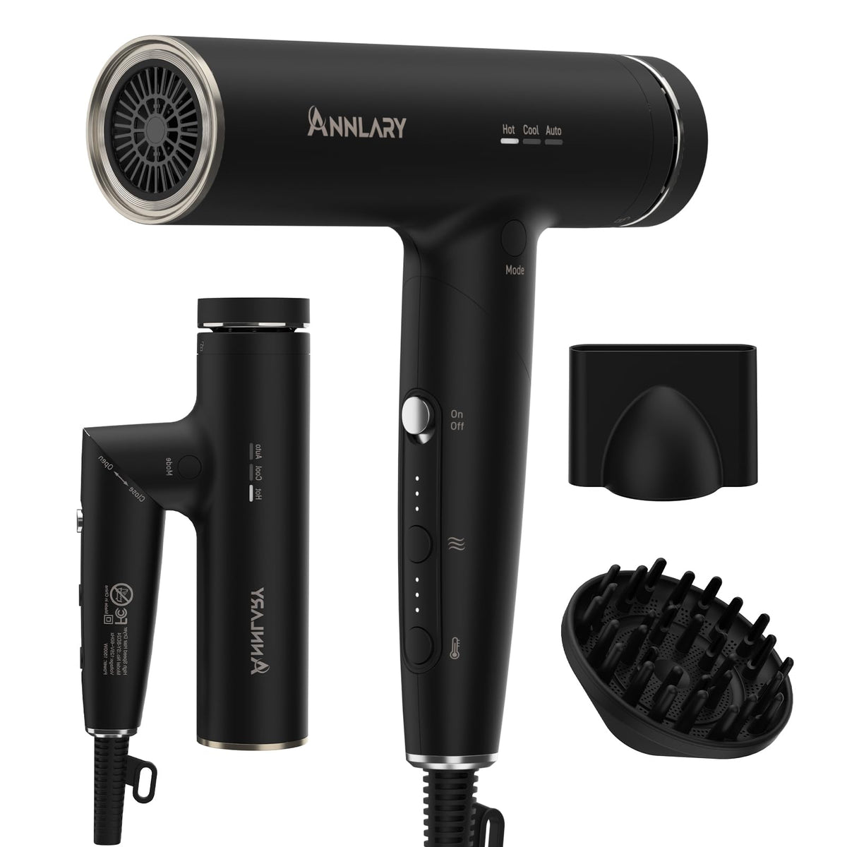 ANNLARY Hair Dryer front view with diffuser attachment