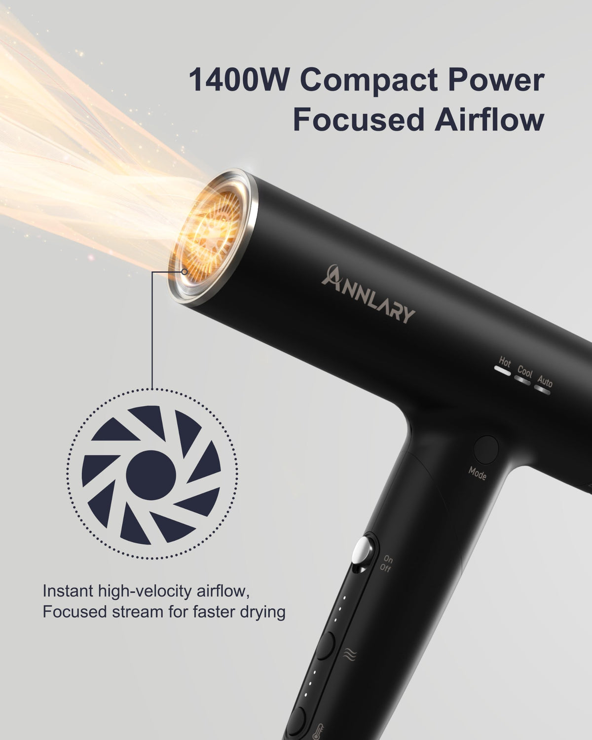 ANNLARY Hair Dryer side view with concentrator nozzle