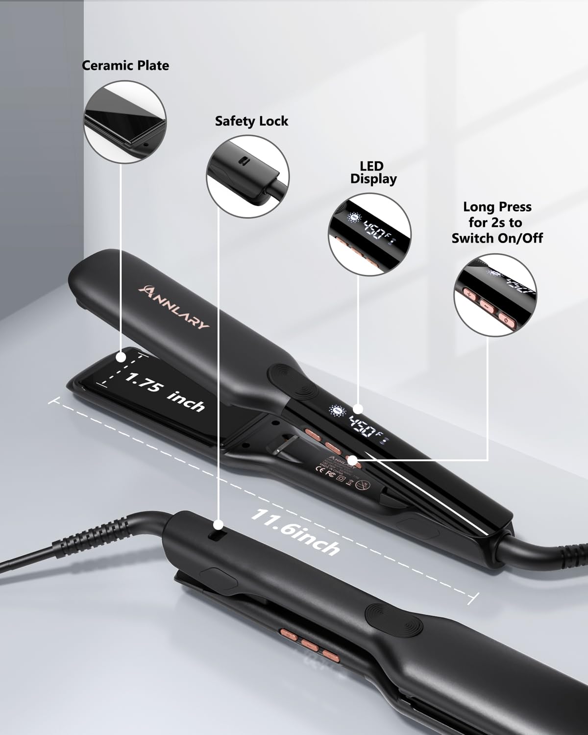 ANNLARY Hair Straightener 1 Inch Flat Iron with heat-resistant silicone