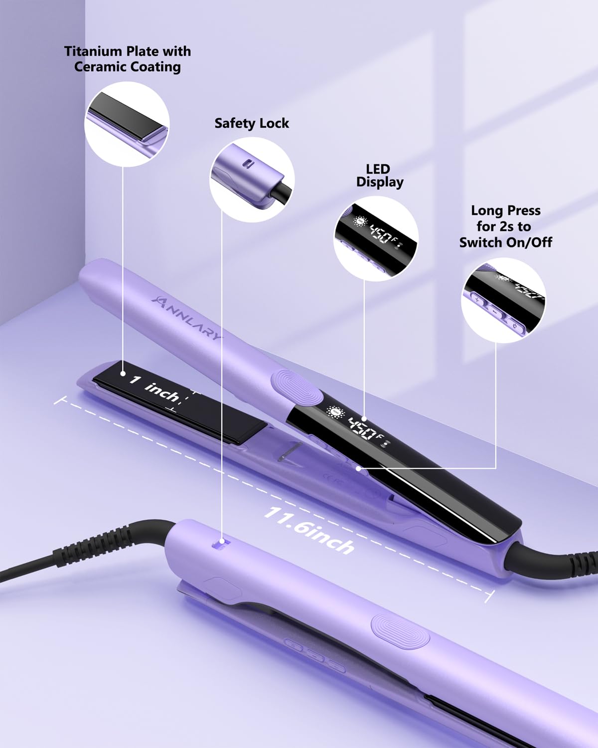 ANNLARY hair straightener showing adjustable temperature settings