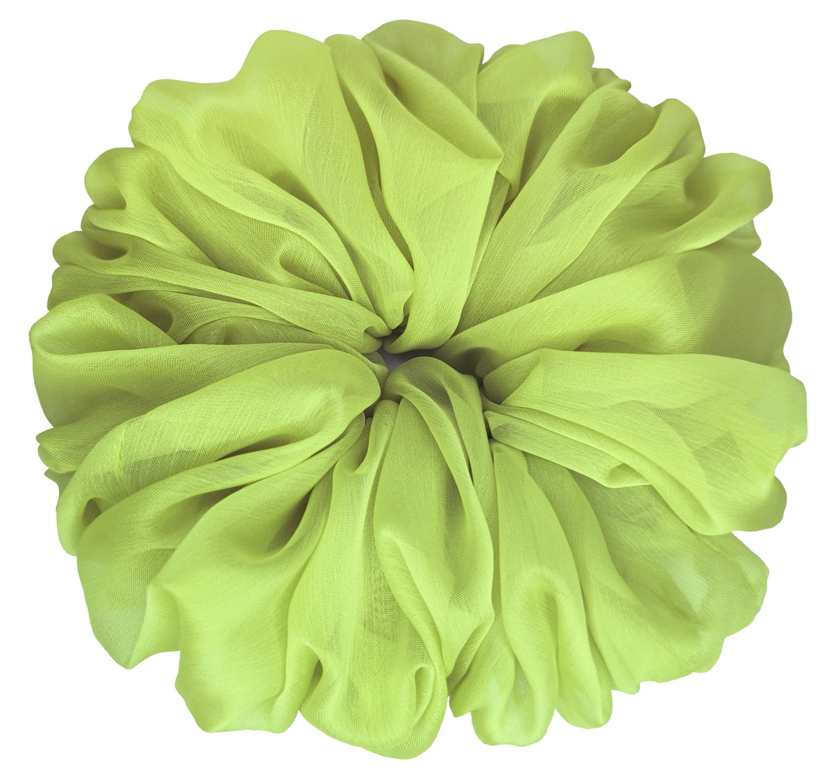 AnnushkaHomeDecor Big Hair Scrunchies in Lime Green on a wrist