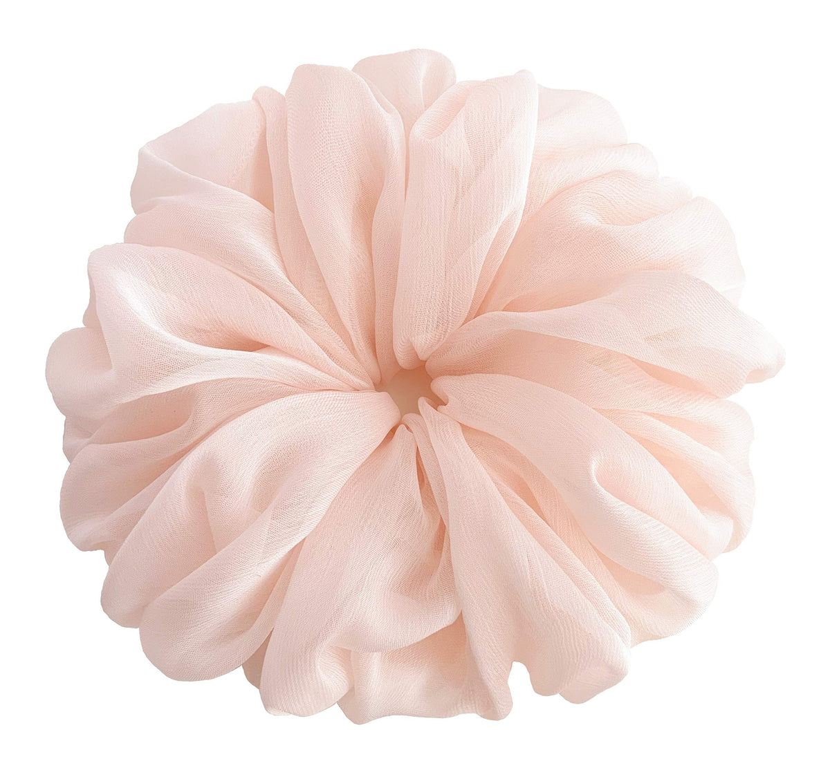 AnnushkaHomeDecor Sheer Chiffon Big Hair Scrunchies pale pink on a wrist
