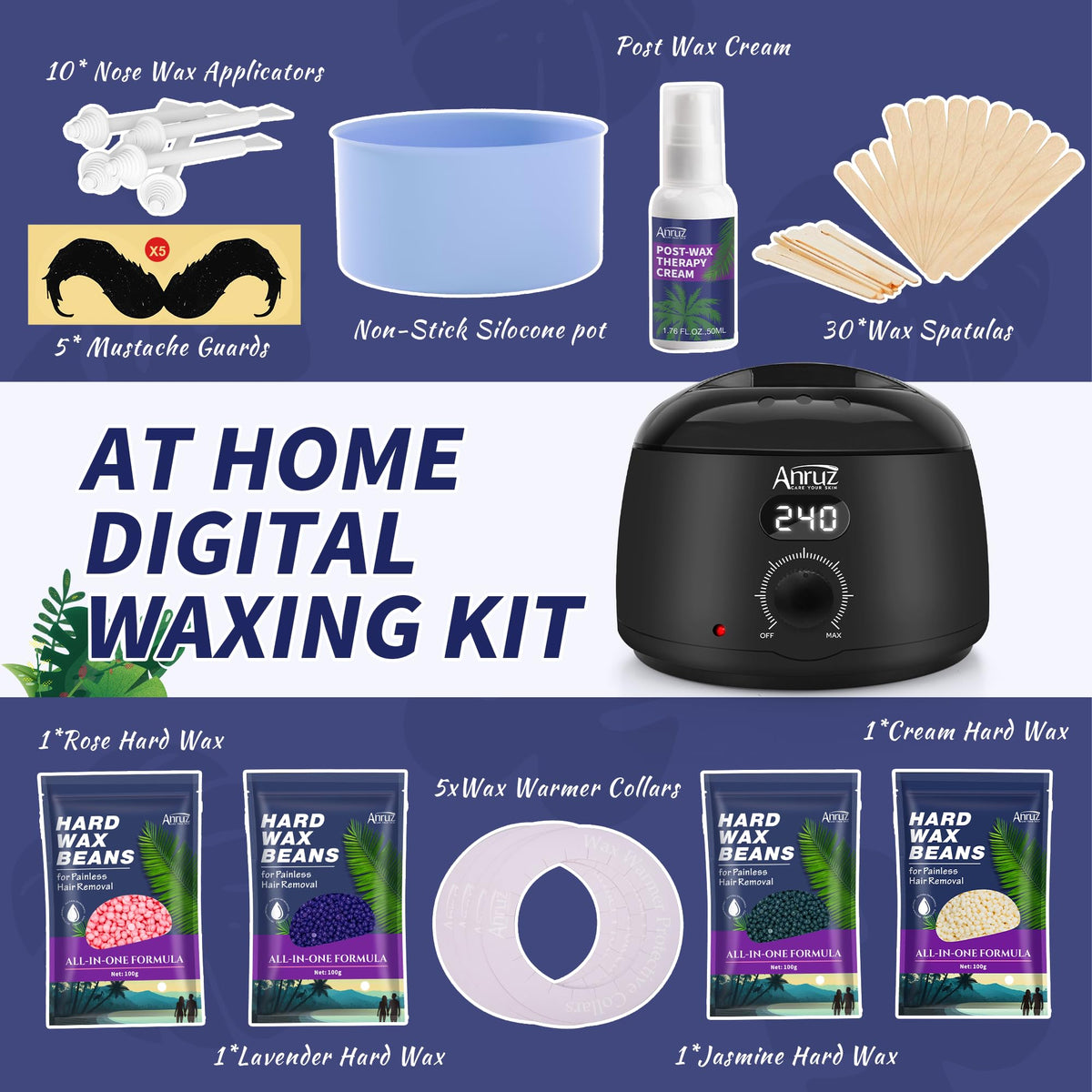 ANRUZ Waxing Kit wax beads in rose, jasmine, lavender, and coconut