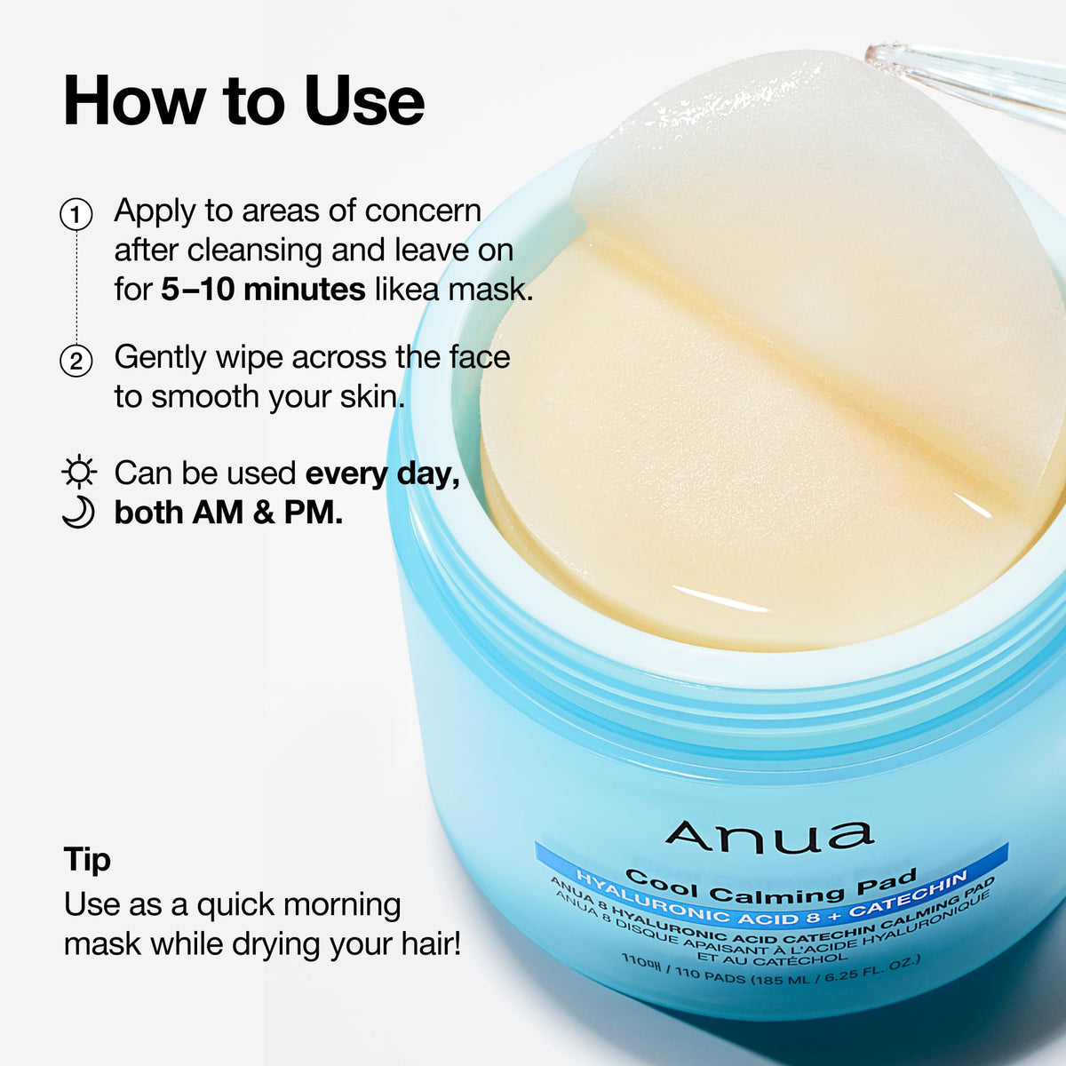ANUA 8 Hyaluronic Acid Calming Pad in a skincare routine setup