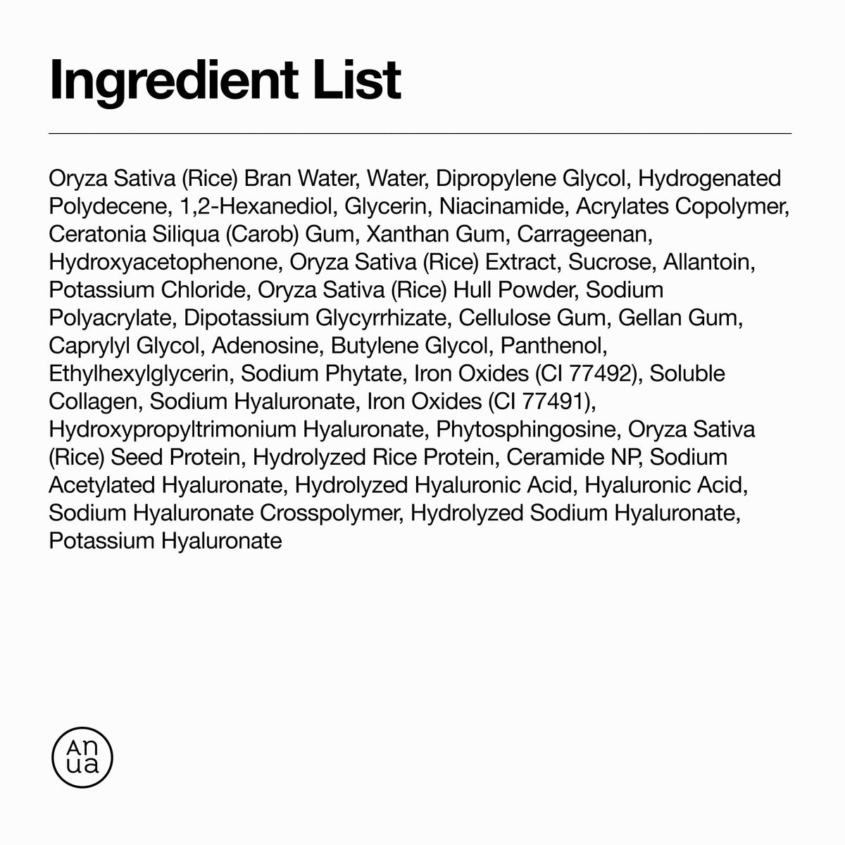 ANUA Rice 70 Glow Collagen Mask ingredients list