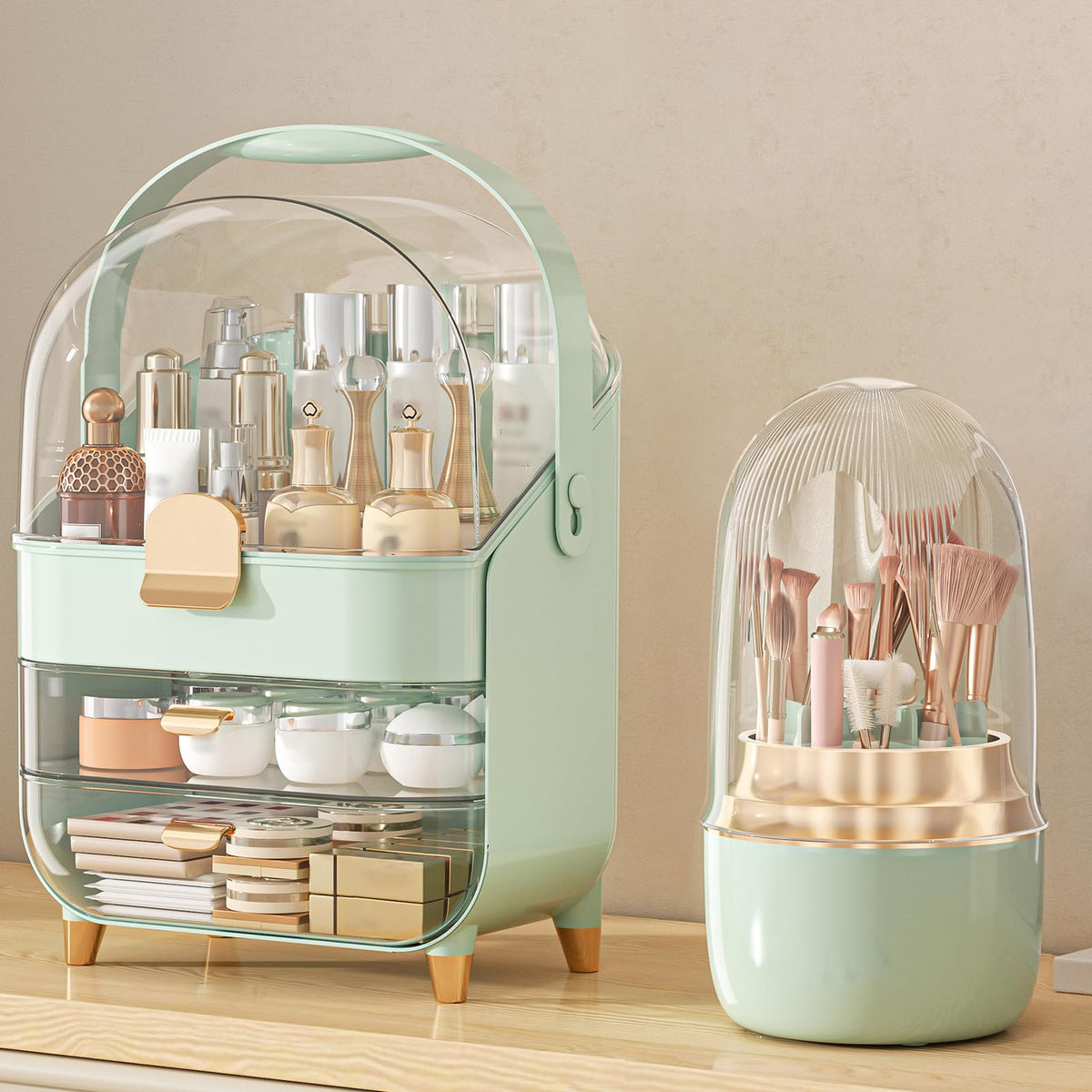Anylady Makeup Organizer front view with three tiers and transparent design