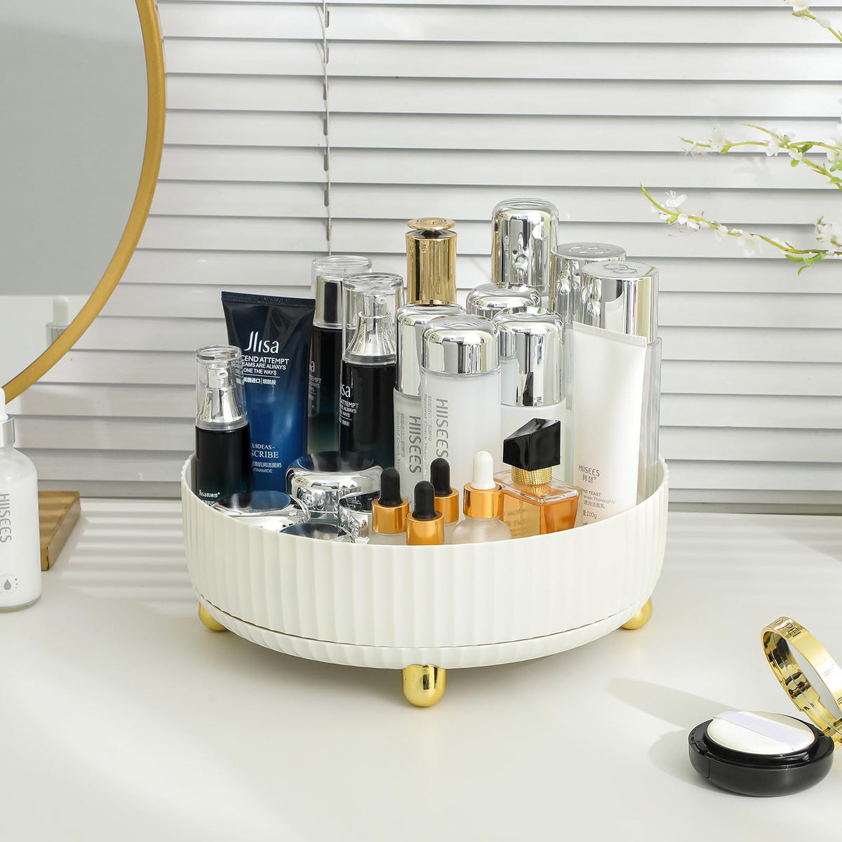 Anyoifax 360 Rotating Makeup Organizer side view showcasing storage compartments