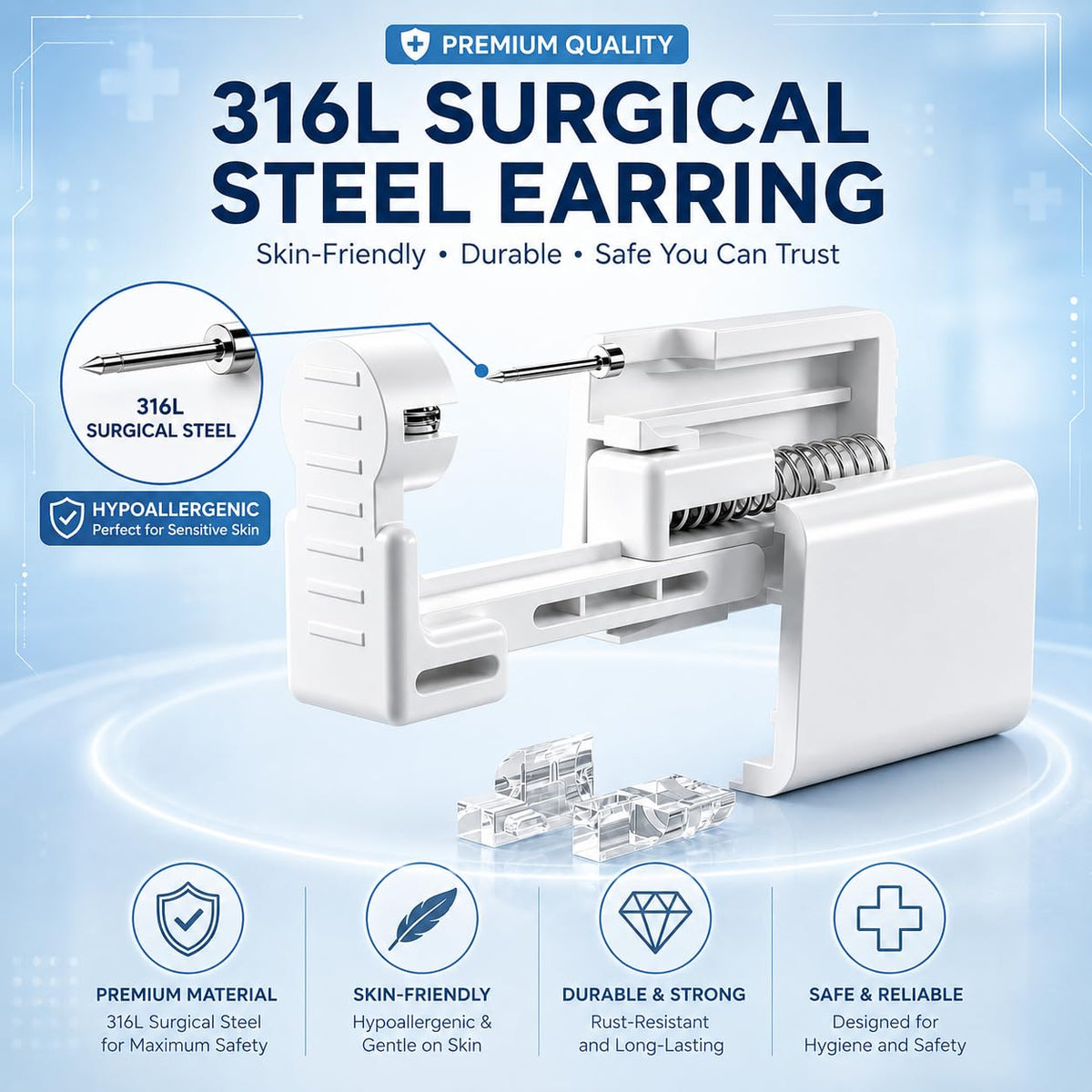 Anzero disposable ear piercing gun close-up with preloaded stud