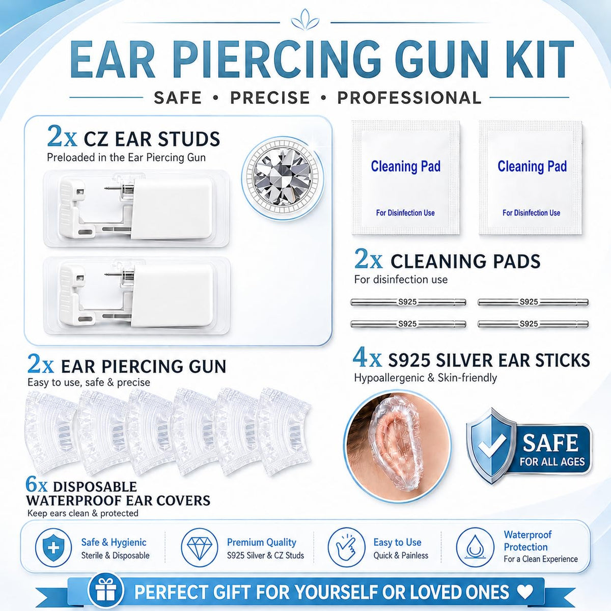Anzero Ear Piercing Kit contents including CZ studs and cleaning pads