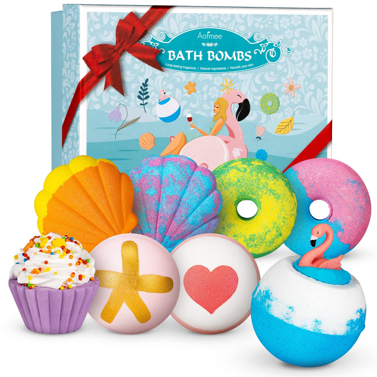 Aofmee Bath Bombs set with 8 different scents in packaging